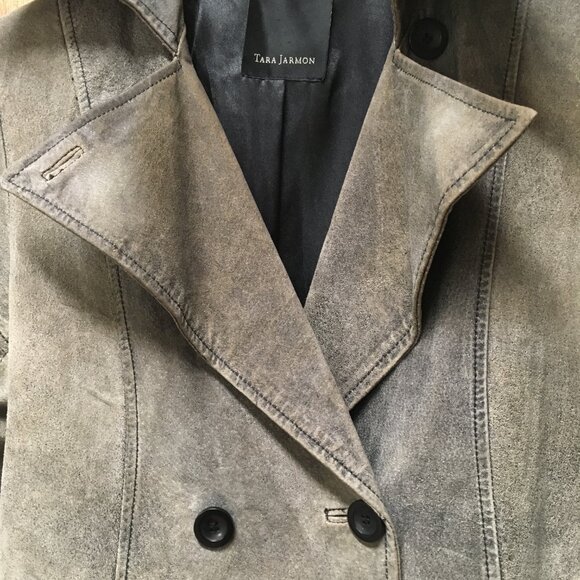 Tara Jarmon Genuine Leather Trench Coat Distressed Suede Waist Tie Belt RARE - Picture 3 of 15